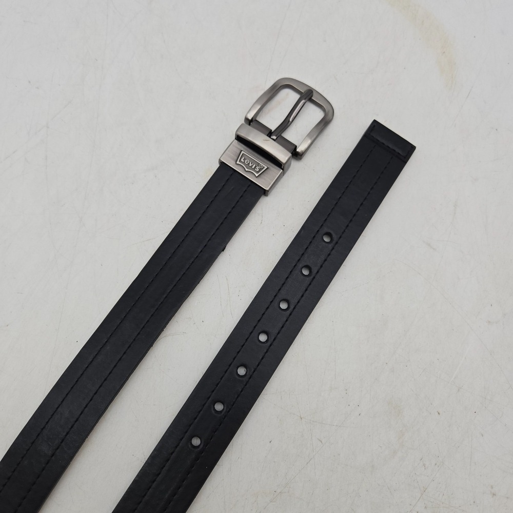 Levi's Belt Black Beige Fabric Reversible Leather Mens 28 Gunmetal Buckle NWOT